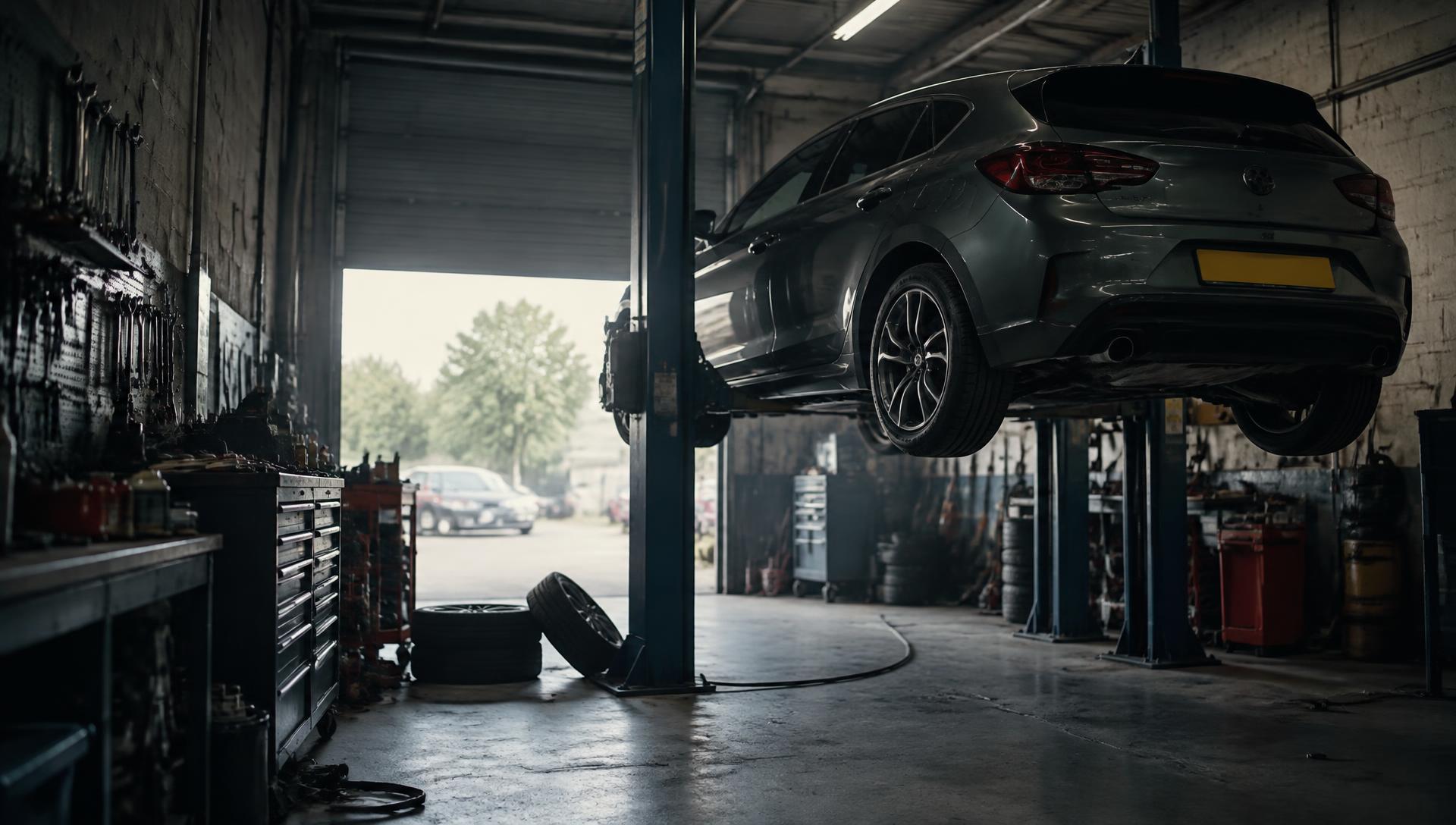 Modern hatchback raised on a lift inside an independent workshop