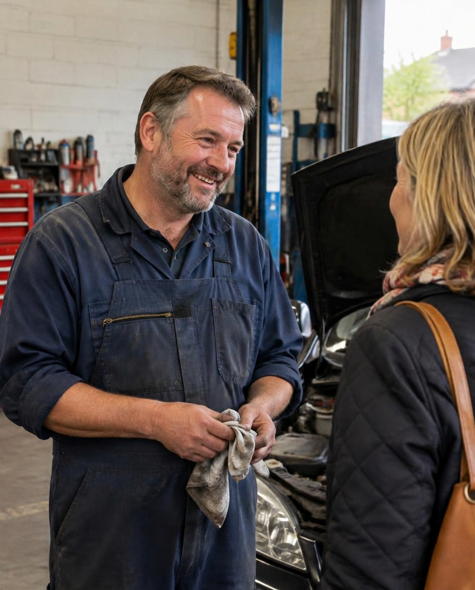 Friendly Motor Fix mechanic chatting with a customer beside her car