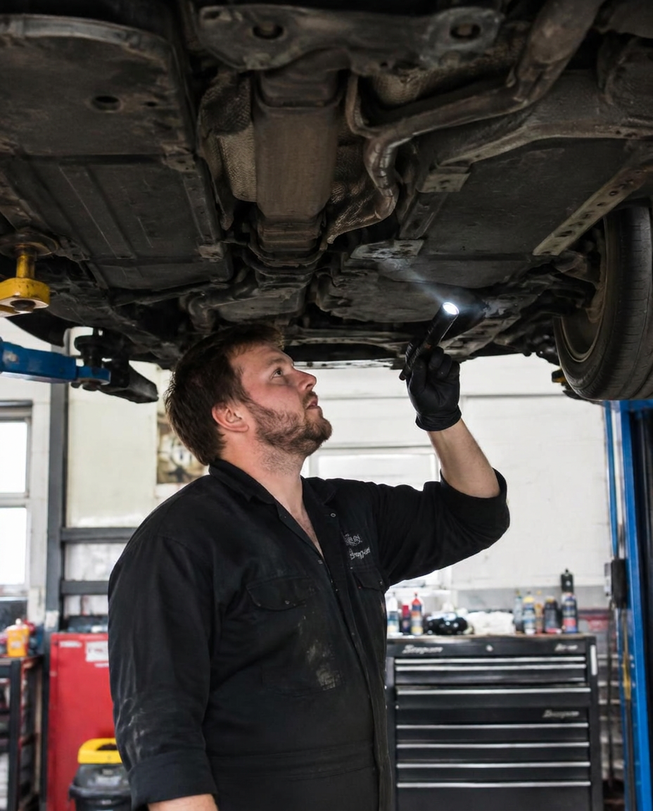 Mechanic inspecting the underside of a car with a torch