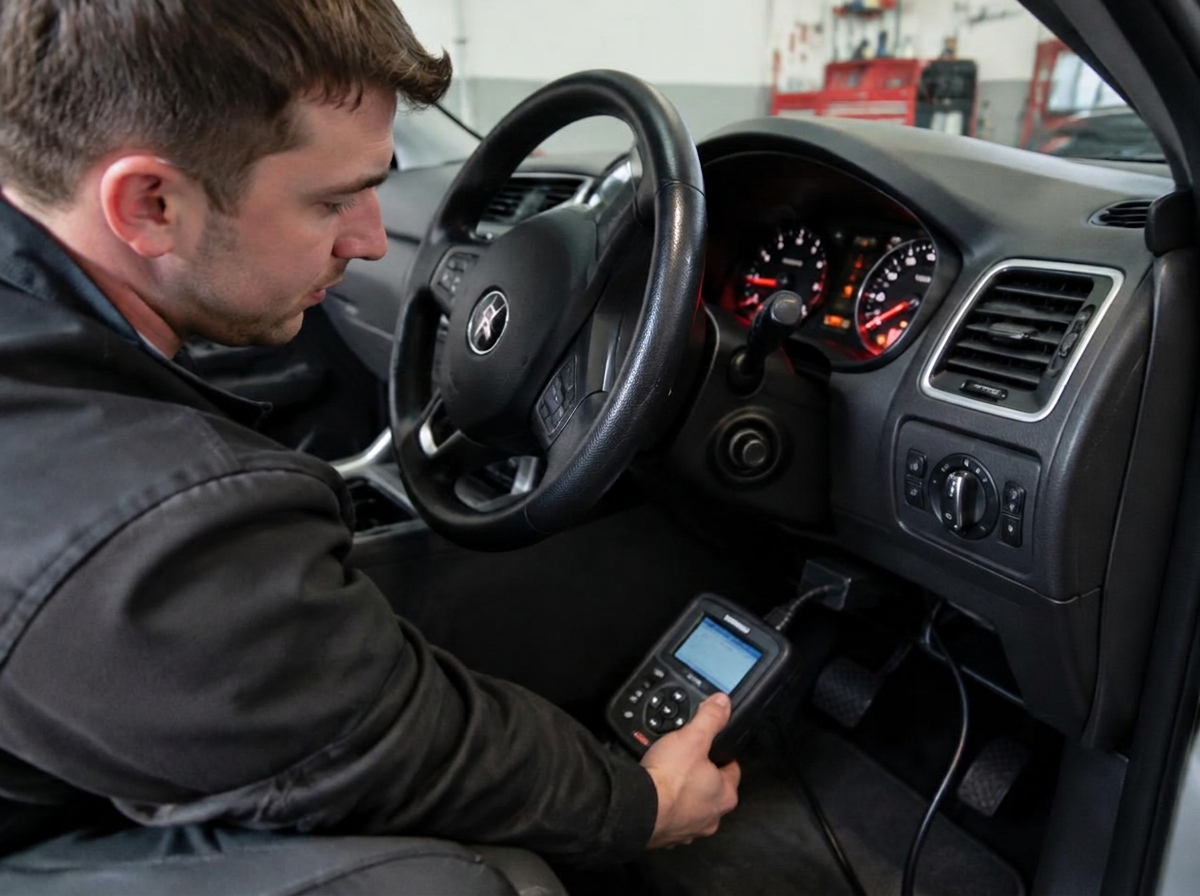 Technician connecting a diagnostic reader to a car