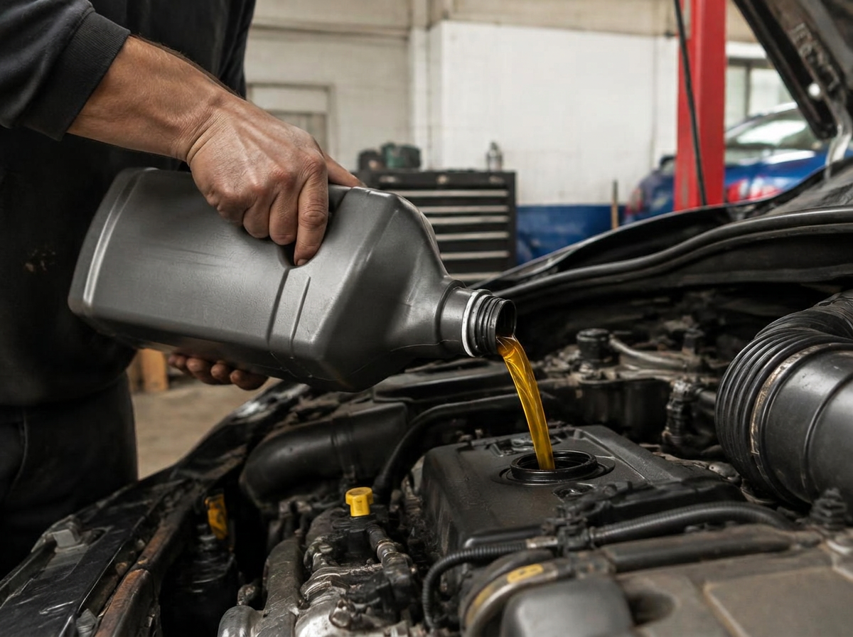 Fresh engine oil being poured during a car service